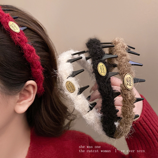 新年红色毛绒波浪发箍女款 发卡头饰过年高颅顶带齿防滑头箍发饰