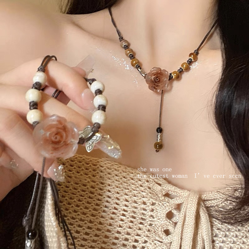 陶瓷玫瑰花编织项链可抽拉长款