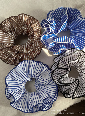 蓝色条纹双层肥肠头绳女慵懒风大肠发圈气质超大丸子头花发绳新款