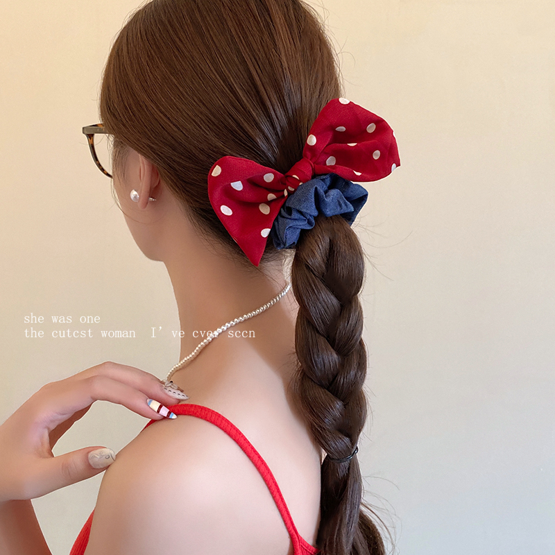 红色波点蝴蝶结蓝色牛仔发圈