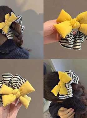 韩国东大门同款奶黄色立体填充蝴蝶结条纹大肠发圈慵懒感扎发发饰
