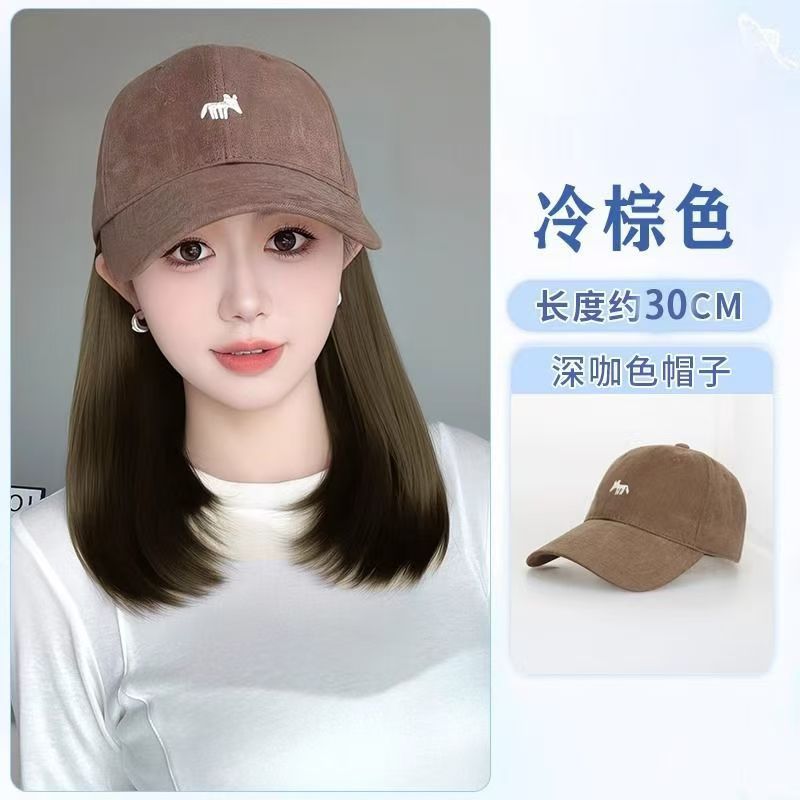 带假发的帽子帽子假发一体女长卷款时尚小狐狸刺绣棒球带小香风