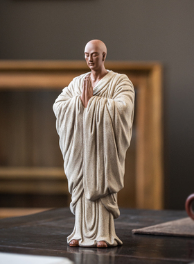 禅意紫砂小和尚摆件中式家居许愿小沙弥茶室桌面博古架陶瓷工艺品