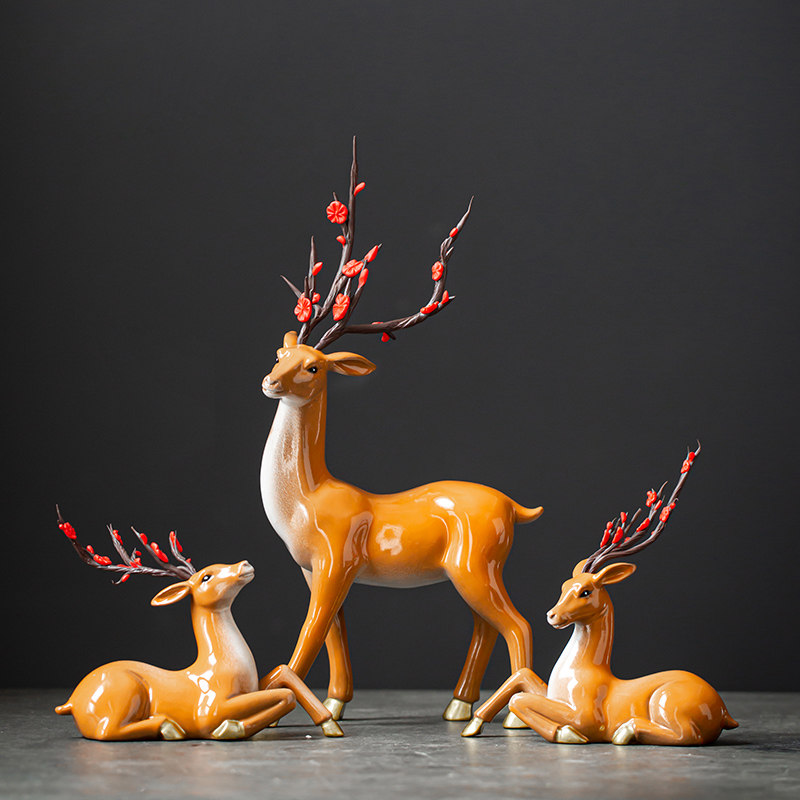 新中式家居客厅玄关陶瓷梅花鹿摆件新房酒柜电视柜桌面装饰工艺品