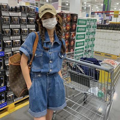 实拍牛仔连体裤女高级感短裤收腰套装气质连衣裤工装连体衣夏装女