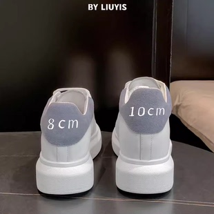 10cm内增高女鞋爆款新款厚底小个子真皮超火轻便松糕小白鞋8公分