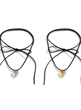 Heart Pendant Collar Necklace Long Velvet Rope Bow Tie Choke