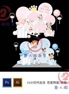迪士尼蓝色米奇粉色米妮米老鼠宝宝宴生日满月迎宾区背景设计素材