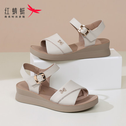 红蜻蜓官方正品2025新款夏季真皮妈妈凉鞋女士头层牛皮软底不累脚