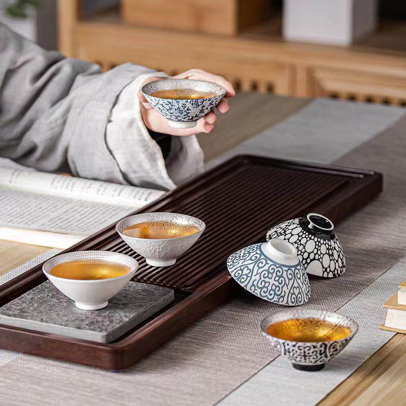 复古青花瓷手工鎏银茶杯陶瓷茗杯个人主人斗笠小单杯子建盏茶碗