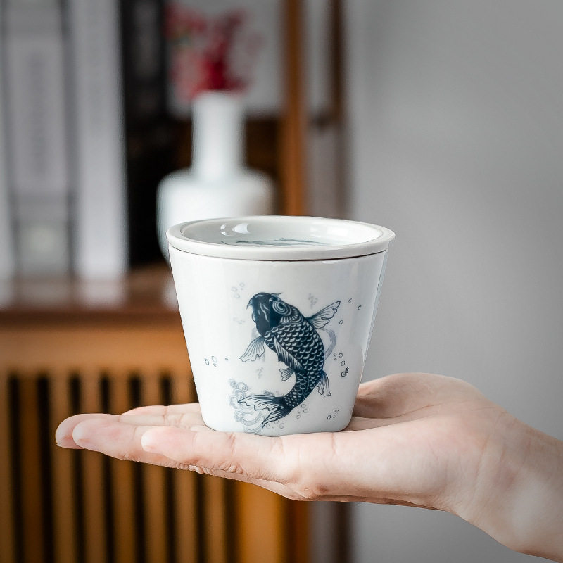 青花瓷茶杯陶瓷功夫茶杯直身单杯主人杯茶具茶盏茗斗笠杯猪口杯