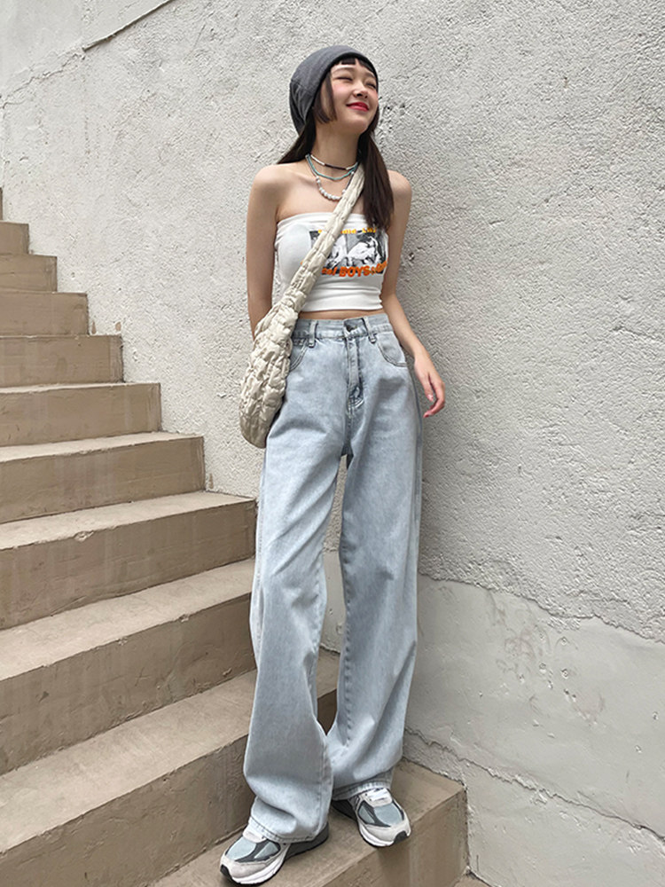 여성을 위한 밝은 색상의 와이드 레그 청바지 2024 봄 가을 새로운 스타일의 하이웨이스트 스트레이트 레그 루즈핏 바닥 길이 바지