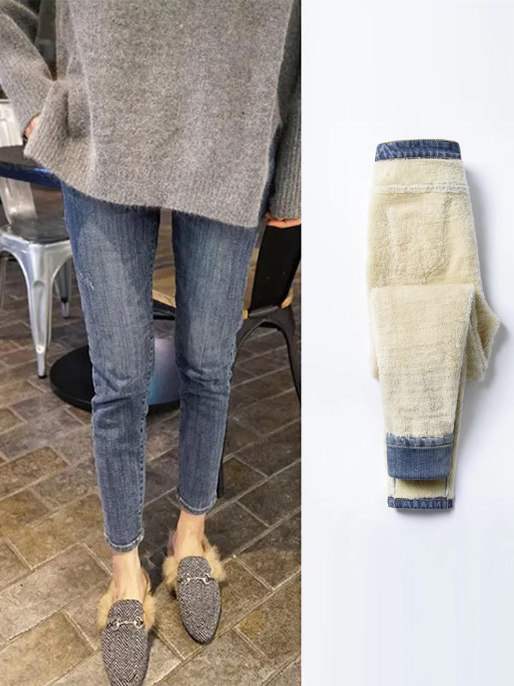 高腰牛仔裤女修身显瘦显高冬季加绒加厚保暖羊羔绒裤子九分小脚裤