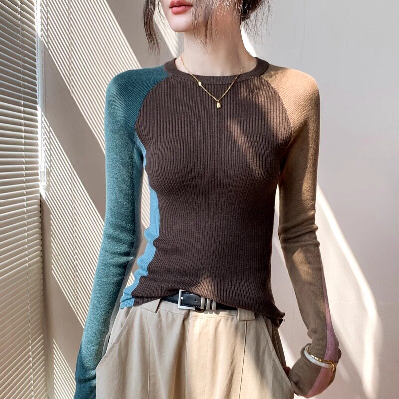 撞色拼接毛衣女秋冬修身复古设计感套头插肩内搭高级感针织打底衫,女装/女士精品,大码内搭,淘宝优惠券,粉丝福利购,淘宝优惠卷