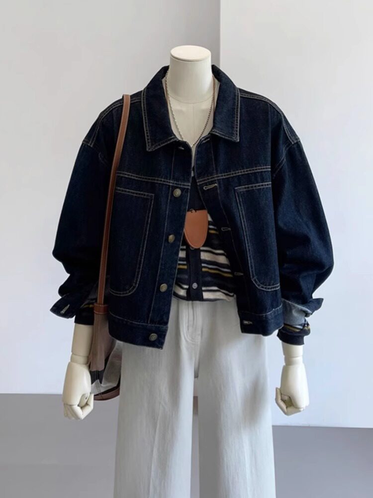 深蓝色覆古工装牛仔外套女春秋休闲百搭设计感小个子短款夹克上衣