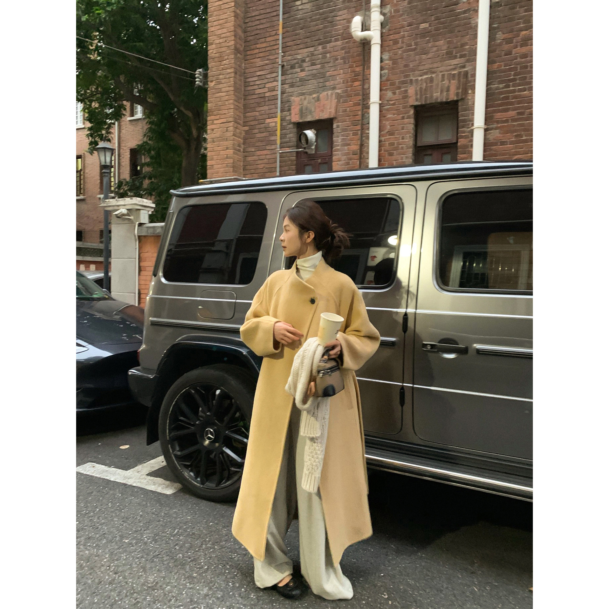 韩系双面羊毛立领长款大衣女