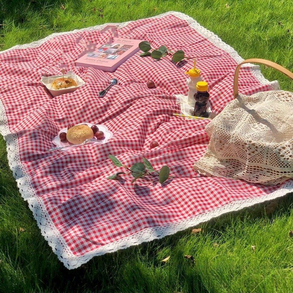 红格子野餐垫春游垫子户外地垫露营垫加厚沙滩草坪垫子便携可折叠