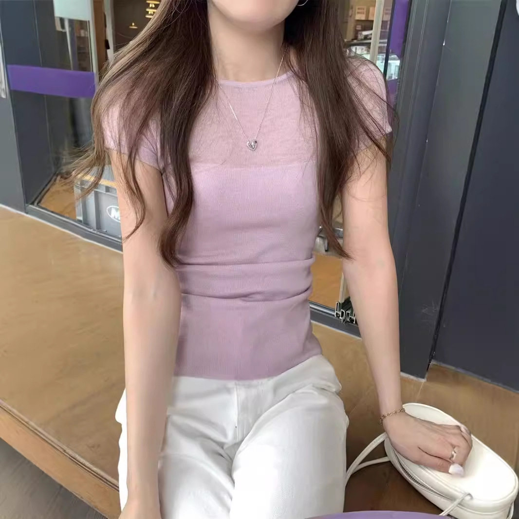 粉紫色性感微透拼接短袖T恤女