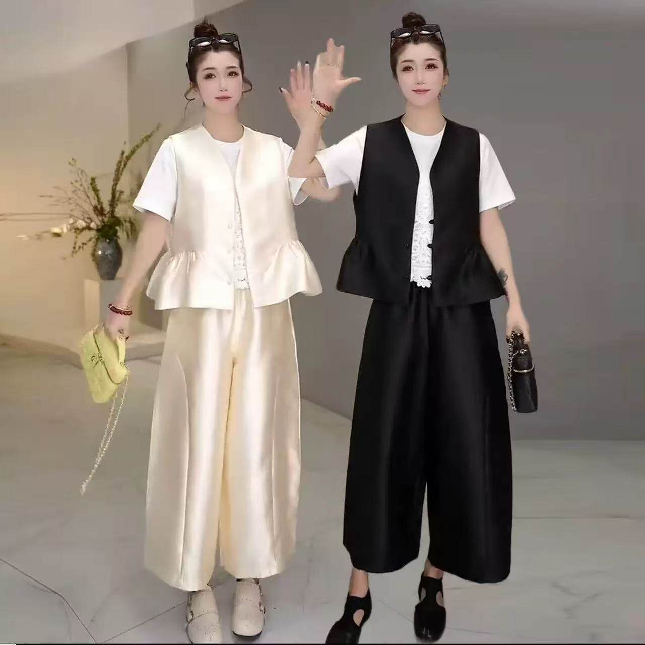 V领叠穿黑色套装女2026春季大码胖MM时尚无袖马甲+九分裤子两件套