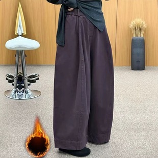 微胖大码休闲直筒赫本长裤加绒加厚宽松显瘦拽姐丑萌阔腿保暖裤冬