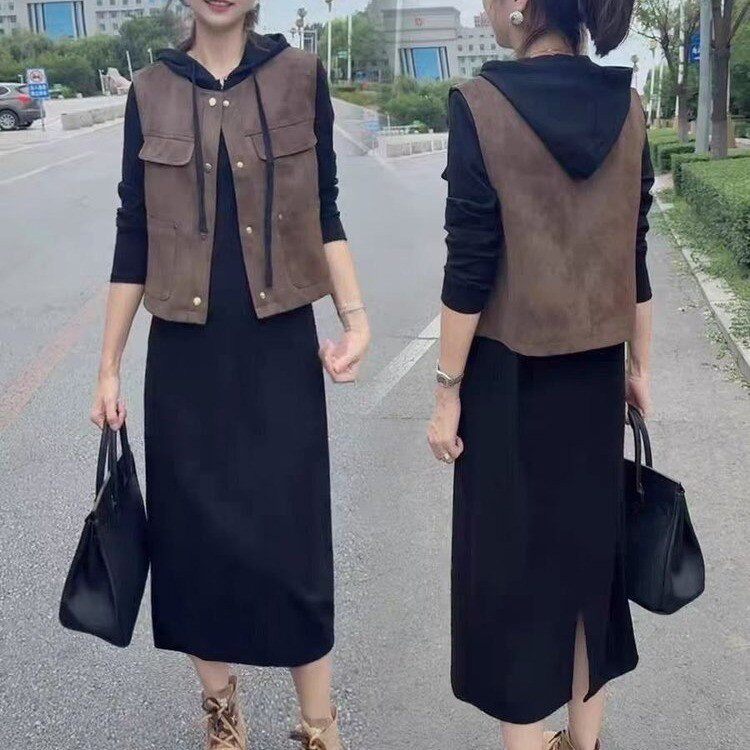 时尚休闲中长款马甲卫衣连衣裙两件套女春秋新款洋气设计感套装裙