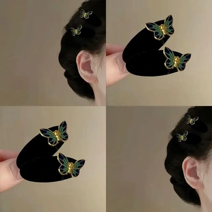 蝶门永存复古丝绒蓝色蝴蝶水滴发夹发箍小众刘海边夹BB夹发卡发饰