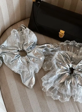 银色芭蕾风蝴蝶结蕾丝大肠发圈女韩系高级感丸子头大号头绳发饰