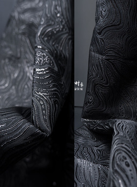 黑色亮光水波条纹混纺提花布料diy手工娃衣外套裙材料设计师面料