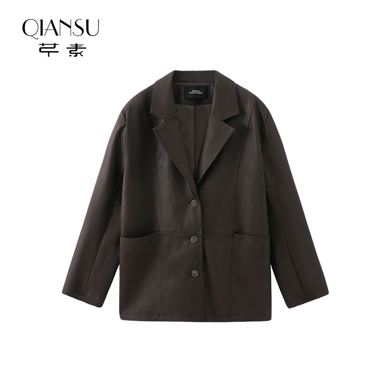 芊素美式复古美拉德皮衣外套冬季新款小个子休闲pu皮上衣5413003