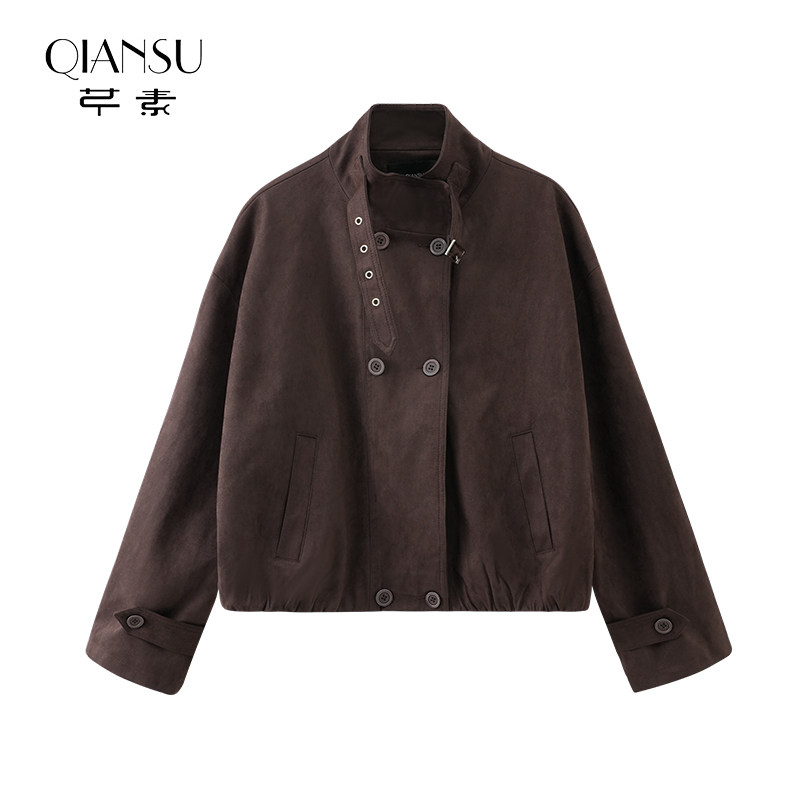 芊素复古慵懒风麂皮绒外套冬季设计感宽松休闲百搭夹克5423019