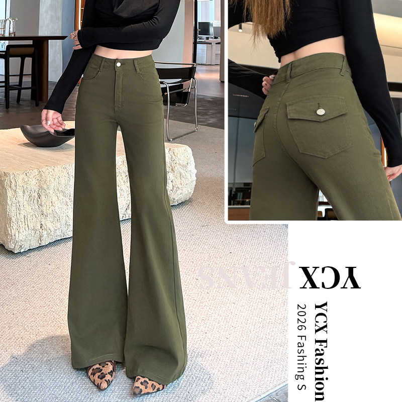 橄榄绿弹力微喇牛仔裤女2026秋季新款后袋翻盖设计感宽松喇叭长裤