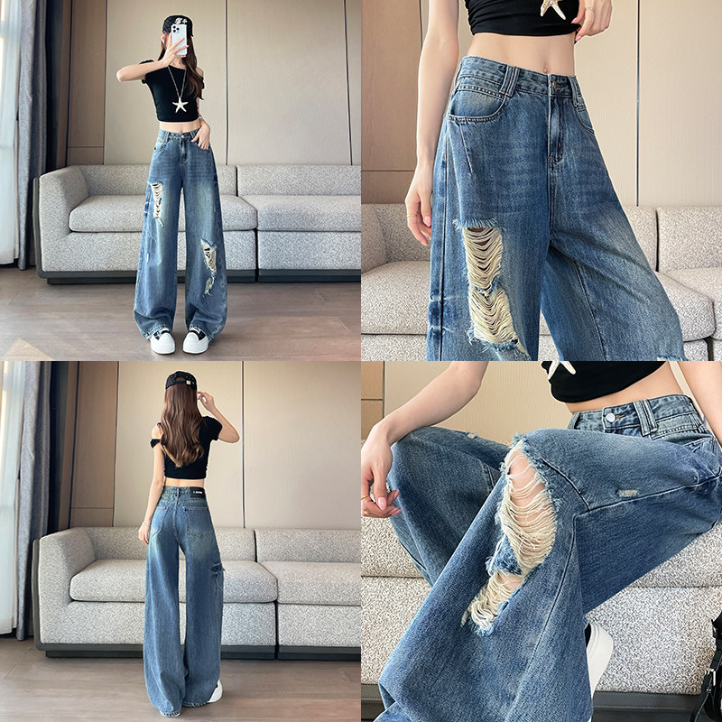 美式低腰破洞阔腿牛仔裤女图片