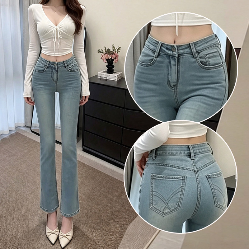浅蓝色低腰修身微喇牛仔裤女图片