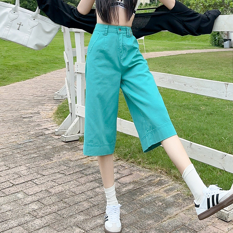 糖果彩色牛仔短裤女夏装薄款湖绿色宽松小个子六分七分休闲中裤子