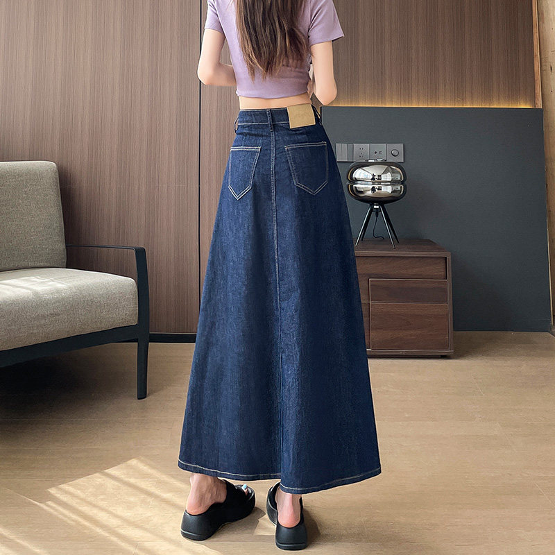丹宁色牛仔半身裙女夏季薄微胖梨型伞裙宽松遮肚遮胯中长款长裙子