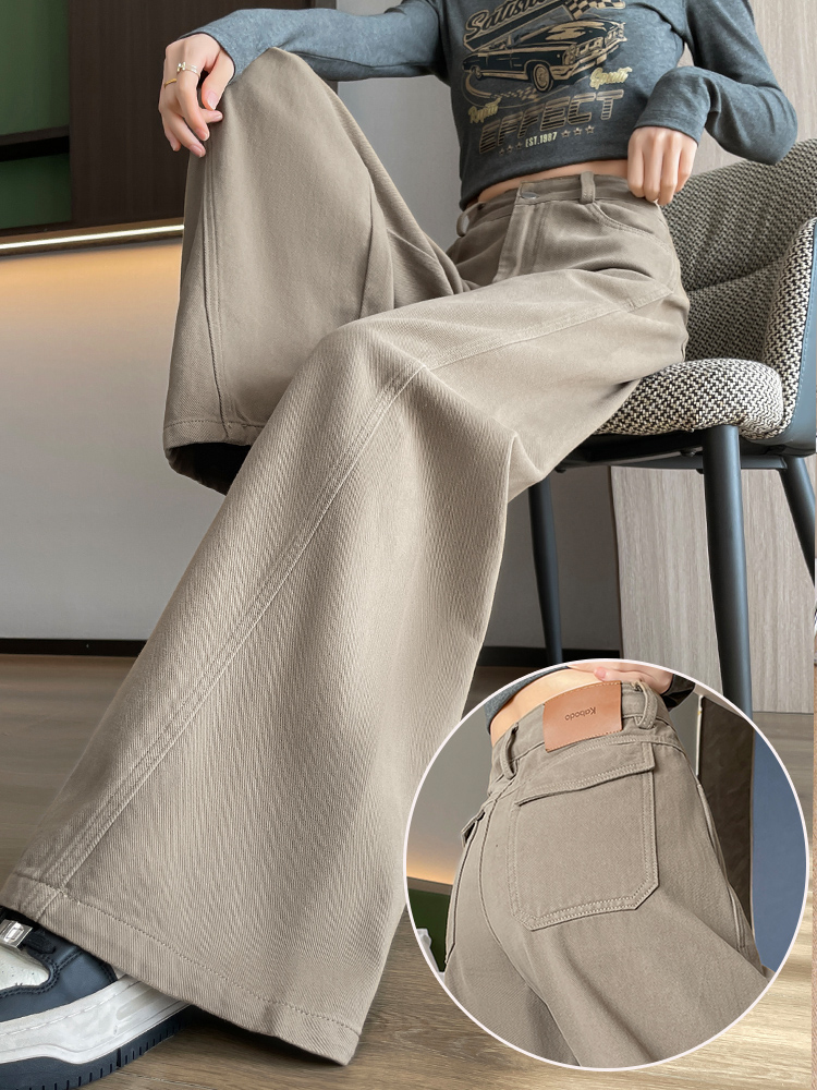 卡其色阔腿牛仔裤女士2025秋季新款宽松超火小个子松弛风大脚裤子