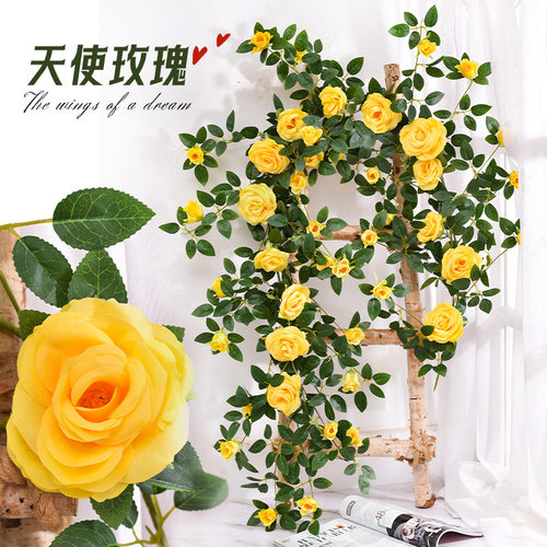 仿真花藤黄色玫瑰花打卡造景花
