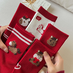 马年本命年红袜子女士款 红色棉袜秋冬新年属马女中筒袜潮 2026爆款