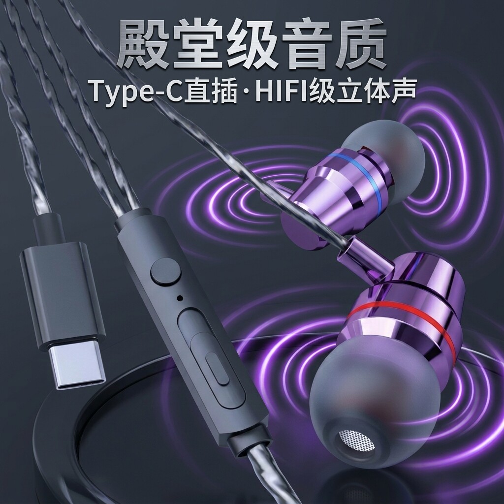 耳机有线Typec接口入耳式重低音线控适用于OPPO华为vivo小米通用