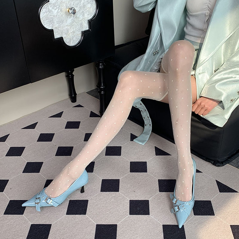 转瞬即逝的缘分~夏季高级纯欲轻奢格雷系小众波点云朵白过膝袜