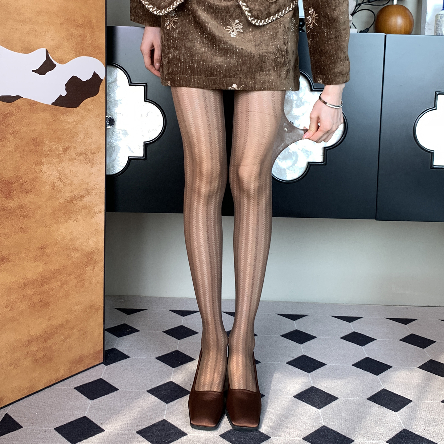 乡村巴恩风箭头竖纹提花咖啡色立体蕾丝打底袜丝袜女冬季连裤袜DF