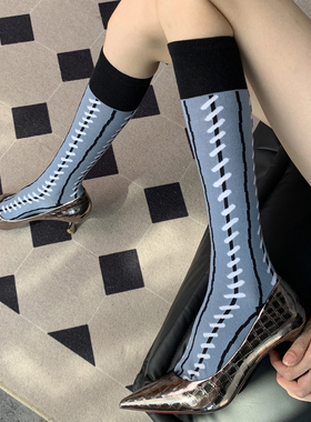 文艺派拜占庭撞色系秋冬季蓝色拉链染织工艺法式个性小腿袜女DF