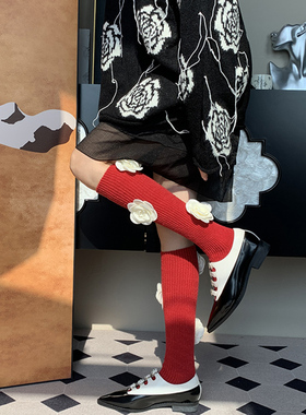 低调贵气从脚踝蔓延的红色针织竖纹玫瑰花小腿袜女法式秋季新款DF