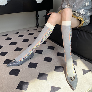 经典 Cable Knit 生活序曲莫兰迪浅灰色手作印花秋季法式小腿袜女