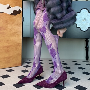 巴黎左岸的雾霭~法式复古紫色玫瑰花题花连裤袜女镂空网眼打底袜