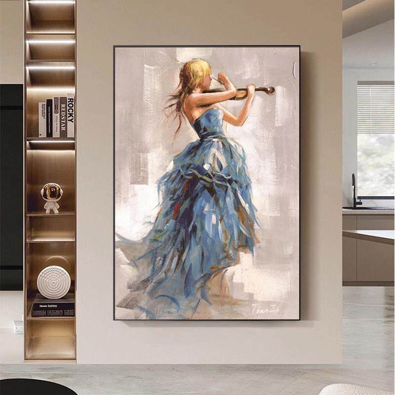 北欧美女轻奢抽象艺术肌理感装饰画酒店房间卧室玄关竖版小提琴画