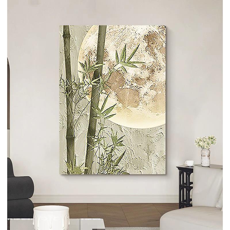 节节高升竹子手绘油画新中式植物装饰画客厅玄关立体丙烯肌理挂画图片