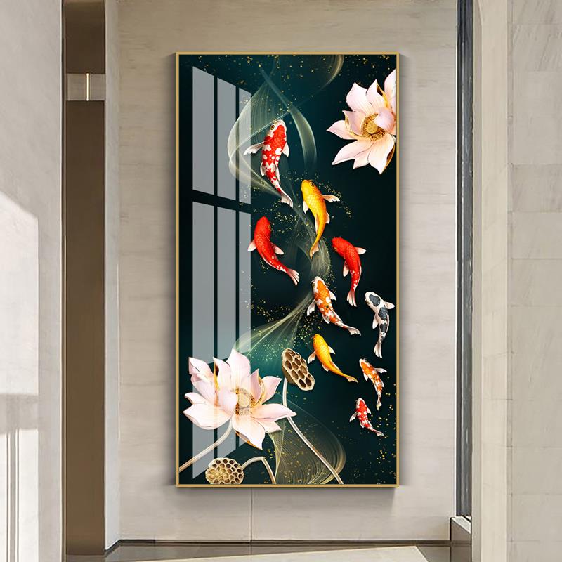走廊玄关装饰画 画创意简约九鱼聚财晶瓷现代墙壁画 画轻奢单幅立图片