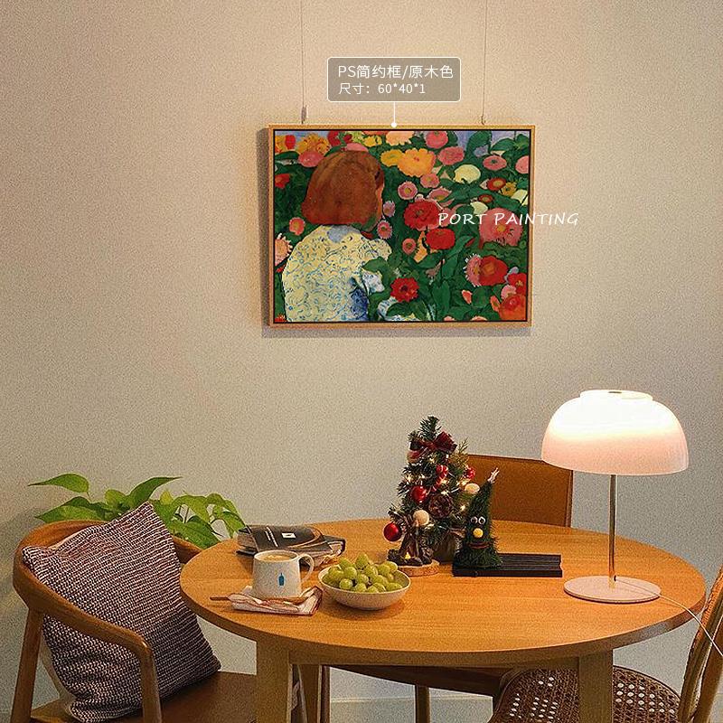 port painting 花卉油画风装饰画有花的女孩复古房间床头挂画公寓图片
