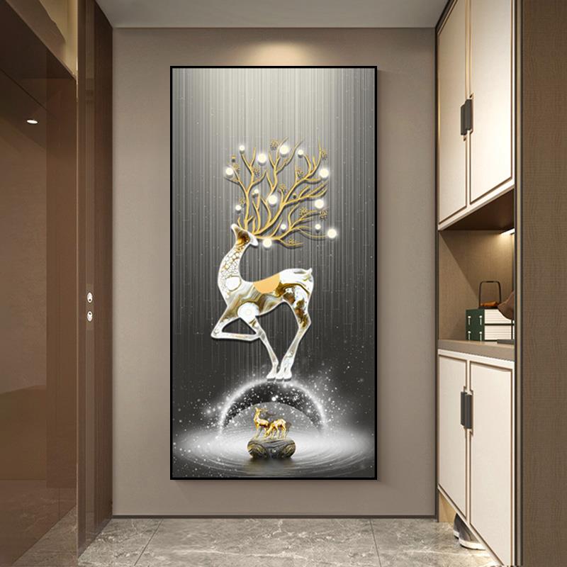 珠光福鹿新中式入户玄关装饰画客厅挂画走廊尽头过道楼梯间晶瓷画图片